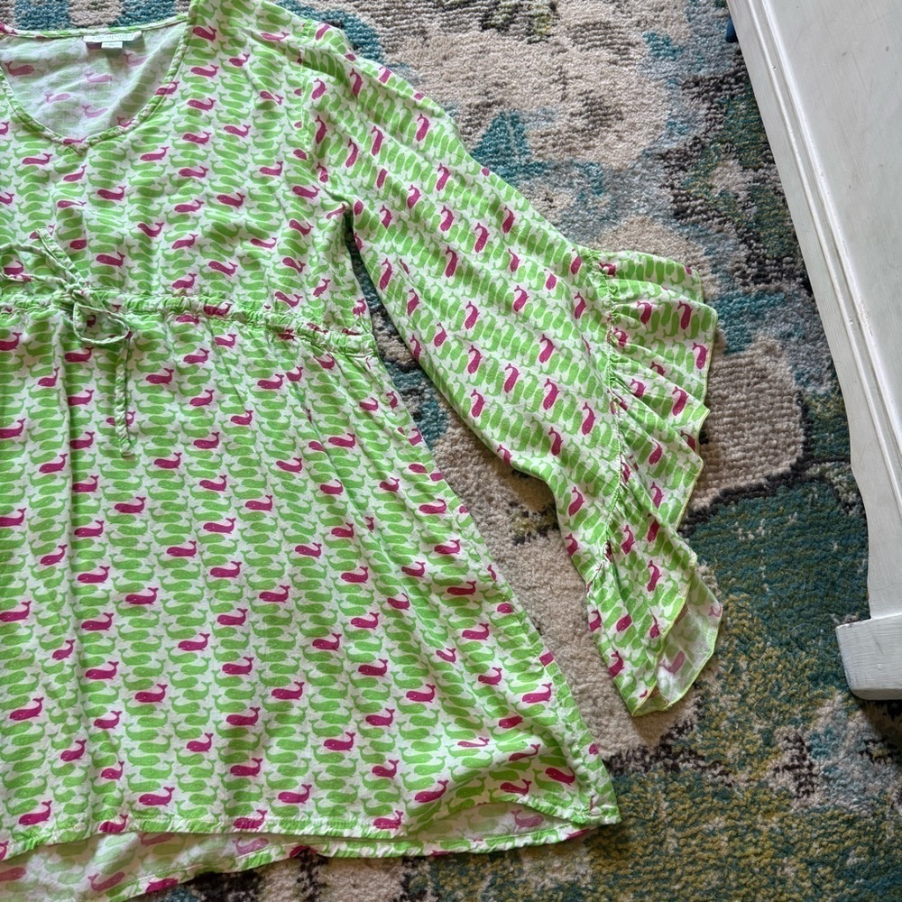 Escapada Beach Green Pink Whale Print Bell Sleeve Tie Waist Tunic Top Small - Picture 4 of 9